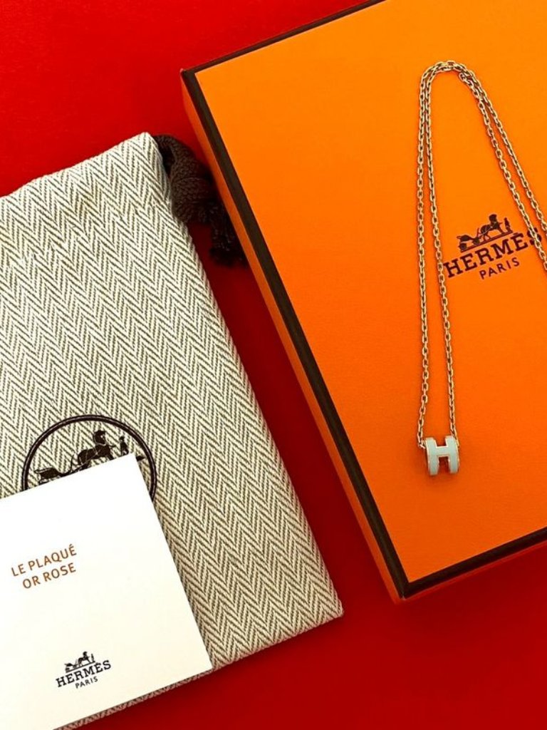 Hermes Mini Pop Logo Motif Necklace Pendant Choker Gold Blue Run Handbag 1600$